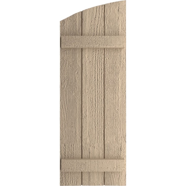 Rough Sawn 3 Board Joined Board-n-Batten W/Elliptical Top Faux Wood Shutters, 16 1/2W X 68H